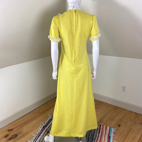 Vintage 60s 70s Yellow Mod Maxi Dress Lace Prairie Babydoll M Medium Polyester - Picture 3 of 10